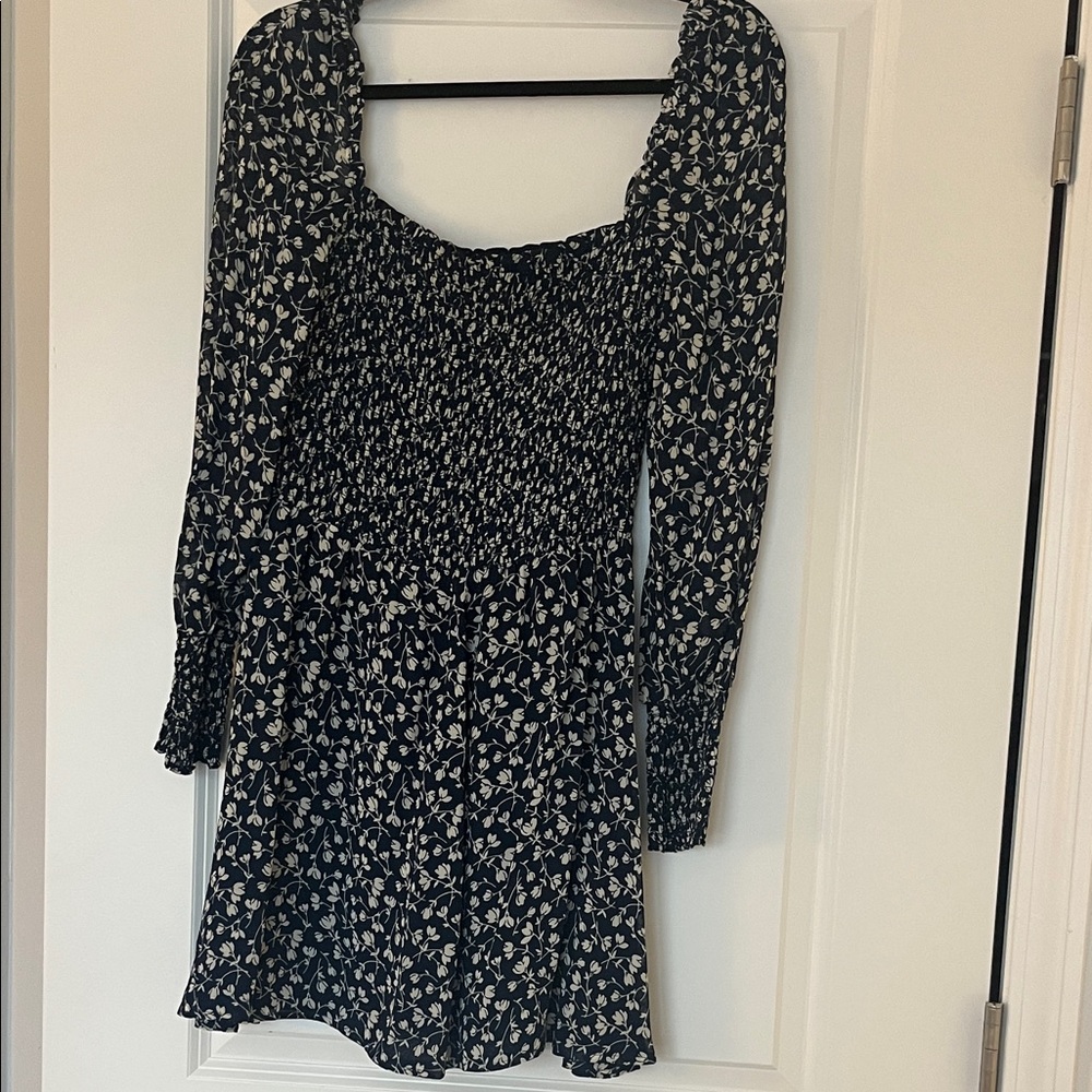 Reformation Navy and White Floral Long Sleeve Dress